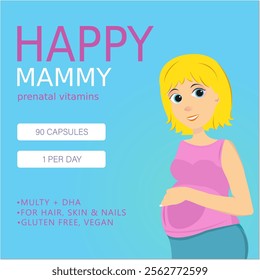 Pregnant woman, woman in a pink blouse, vitamins for pregnant women, happy mother, packaging of vitamins, blond pregnant woman, blond woman