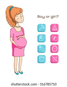 Pregnant woman in a pink dress and baby icon on a white background