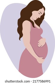 A pregnant woman in a pink dress hugs her pregnant belly. Happy pregnancy. Happy future mom side view. Preparing for childbirth. Vector illustration.