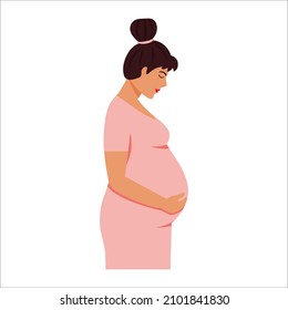 Pregnant woman in pink dress. Mother waiting for child concept. Flat style vector illustration