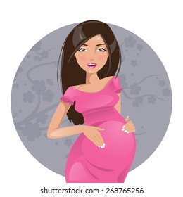 A pregnant woman in a pink dress on a background of flowering