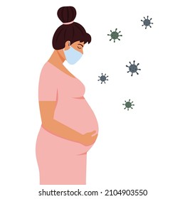 Pregnant woman in pink dress and protective medical mask isolated on white background. Protection the virus during pregnancy concept. Flat vector illustration