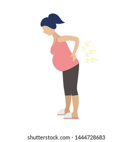 A pregnant woman in a pink jacket and black tights is experiencing pain in the lower back. Contractions, childbirth. Flat vector on white background