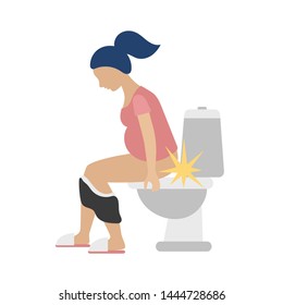 A pregnant woman in a pink jacket and black tights sitting on the toilet. She's in pain.Constipation.Hemorrhoids.Flat vector on white background