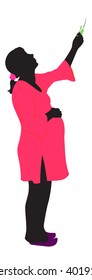 A pregnant woman in a pink tunic, held out her hand to the green leaves. Vector illustration