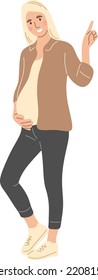 A pregnant woman points up.