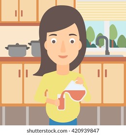 Pregnant woman pouring juice.
