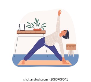 Pregnant woman practice yoga exercise, stand in Triangle Pose. Mother with belly in Trikonasana position during pregnancy. Prenatal stretching. Flat vector illustration isolated on white background