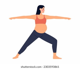 Pregnant woman practice yoga exercise, stand in warrior Pose Concept yoga, meditation, relax, health, pregnancy, motherhood. Flat vector illustration.