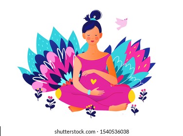 Pregnant woman practicing yoga. Active well fitted pregnant female character on floral background. Happy pregnancy. Yoga and sport for pregnant. Flat cartoon vector illustration