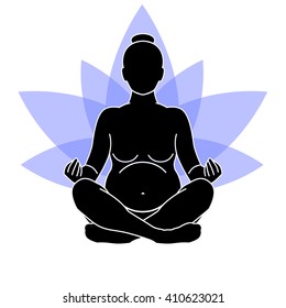 Pregnant woman practicing yoga with blue lotus flower on a background