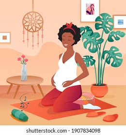 Pregnant woman practicing yoga, calm meditating at home vector illustration. Cartoon young female character sitting on yoga mat for meditation, relaxing listening to music, happy pregnancy background