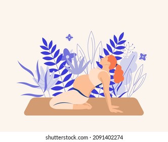 Pregnant woman practicing yoga and doing sport exercise. Woman doing pre-natal exercises with floral abstract background. Vector illustration