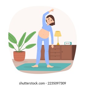 Pregnant woman practicing yoga. Female character with belly doing sport exercising at home. Young active person having workout and healthy activities. Mom waiting for child birth vector