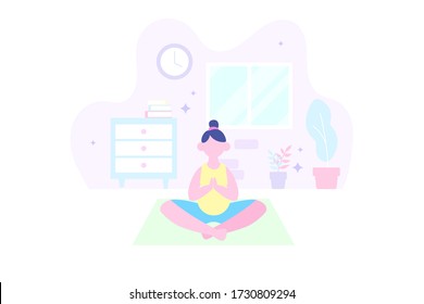 Pregnant woman practicing yoga at home concept. Healthy lifestyle, harmony and relaxation. Vector illustration with interior on white background