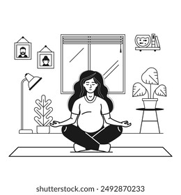 Pregnant woman practicing yoga at home. Prenatal yoga scene with girl sit in meditation pose with namaste hands in living room. Indoor sports for women mental health line art concept.