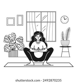 Pregnant woman practicing yoga at home. Prenatal yoga scene with girl sitting in lotus pose doing meditation in living room. Indoor sports for women mental health line art concept.