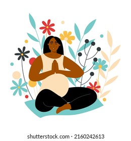 Pregnant woman practicing yoga in a lotus pose. Future mother doing relaxing exercise and meditating in asana. Vector flat illustration