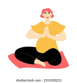 Pregnant woman practicing yoga in a lotus pose. Future mother doing relaxing exercise. Character meditating in asana. Vector flat illustration on a white background