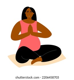 Pregnant woman practicing yoga in a lotus pose. Future mother doing relaxing exercise. Character meditating in asana. Vector flat illustration on a white background