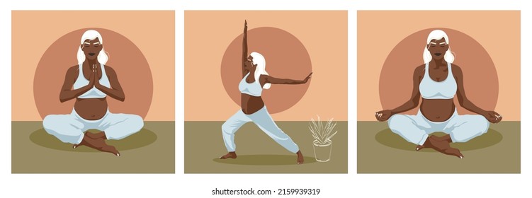 Pregnant Woman practicing Yoga and meditating. Concept for Yoga, meditation, health, care, pregnancy. Set of 3 yoga Poses for Pregnant Women, prenatal exercises. Vector illustration.