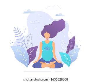 Pregnant woman practicing yoga and meditation vector illustration