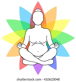 Pregnant woman practicing yoga with multicolored lotus flower on a background