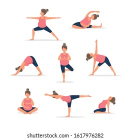 Pregnant woman practicing yoga, set of different poses. Healthy pregnancy. Vector illustration in flat style