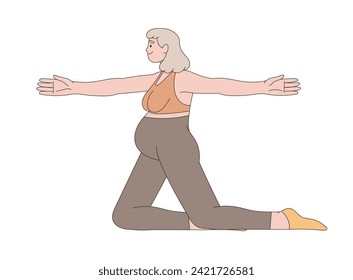 Pregnant woman practicing yoga vector flat illustration. Active future mothers doing aerobic exercise, meditating and stretching isolated. Female enjoy healthy lifestyle. Regular physical activity.