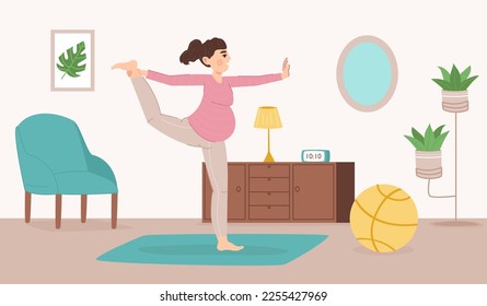 Pregnant woman practicing yoga. Young female character with belly, standing in balance, stretching. Future mom doing sport exercise at home, healthy lifestyle and wellness concept vector