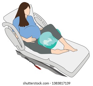 Pregnant woman in Pregnancy labor position with peanut ball on hospital bed