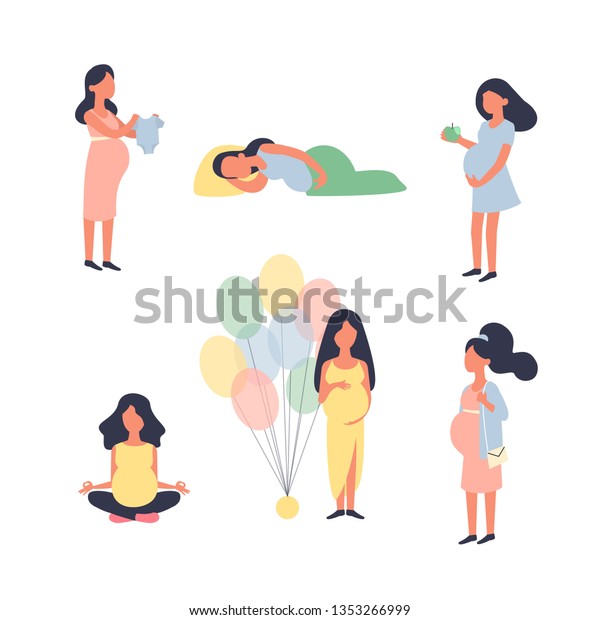 妊婦さん 妊娠のベクターイラストセット ヨガ 歩く 眠る ベビーシャワーなど 文字のベクター画像デザイン のベクター画像素材 ロイヤリティフリー