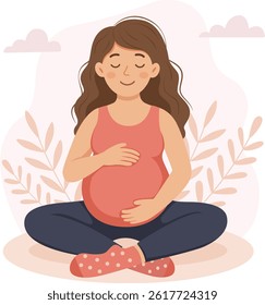 Pregnant woman prenatal yoga concept. Illustration in flat cute cartoon style. Health, care, pregnancy design
