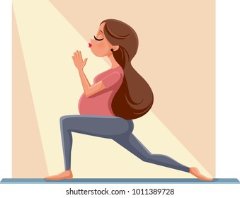 Pregnant Woman in Prenatal Yoga Pose Cartoon Illustration. Expecting girl exercising on Pilates mat in anticipation of childbirth
