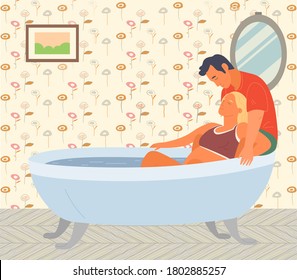 Pregnant woman preparing for childbirth in bathtub. Husband helps his wife. Motherhood, birth of child. Tube with water. Give birth at home