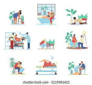 Pregnant Woman Preparing For Childbirth And Giving Birth, Flat Vector Illustrations Set Isolated On White Background. Poses And Positions For Parturient Woman.