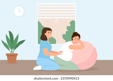 Pregnant woman preparing for childbirth with partner or doula. Birth positions for pregnant woman during birth pains, help methods for painless childbirth labor, on fitness ball.Vector illustration