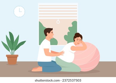 Pregnant woman preparing for childbirth with partner.  Husband helps wife to relax, making massage of  back, comfortable posture for birthing.Vector illustration