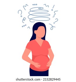 Pregnant woman in prepartum depression. Unhappy pregnancy, maternity assistance, family support. Prenatal female with belly in doubts and trouble, anxious, asks questions. Vector illustration