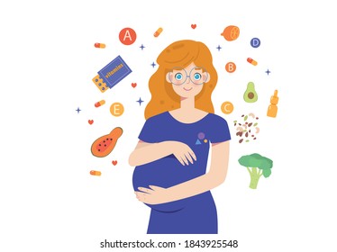 Pregnant woman and products for healthy nutrition, future mom take vitamin pills for skin and hairs, vitamin balance. Vector illustration isolated on white background.