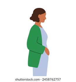 Perfil de la mujer embarazada. Primer trimestre de embarazo. Madre esperando bebé, tocando vientre. Futura mamá. Mujer esperando a un niño. Concepto de maternidad. Ilustración vectorial plana aislada sobre fondo blanco