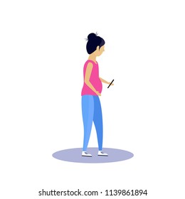 pregnant woman profile isolated using smartphone female cartoon character full length flat vector illustration