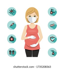 Pregnant woman protection icons against illness. Pregnancy and maternity. Vector illustration
