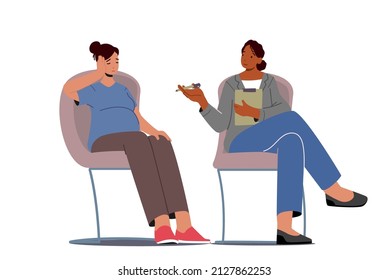 Pregnant Woman and Psychologist Characters Sitting and Chatting at Childbirth Preparation Courses. Pregnancy Support, Prenatal Psychology Help, Happy Motherhood. Cartoon People Vector Illustration