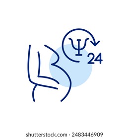 Pregnant woman, psychotherapy and 24 hour symbols. Round the clock mental health counselling and support for maternity and ob gyn. Pixel perfect, editable stroke icon