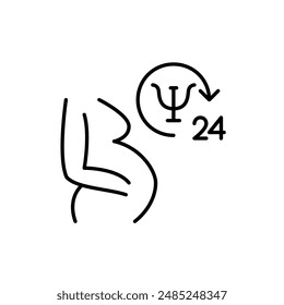 Pregnant woman, psychotherapy and 24 hour symbols. Round the clock mental health counselling and support for maternity and ob gyn. Pixel perfect vector icon