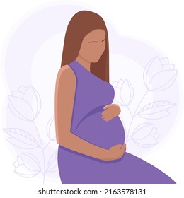 Pregnant woman in purple sitting on a background of branches with leaves and flowers. Vector.