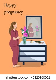 A pregnant woman puts flowers in a vase. Happy pregnancy and motherhood. Vector illustration in flat cartoon style