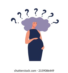 Pregnant woman and question marks around her. Concept illustration about the difficulties of pregnancy, problems and doubts, psychological support for motherhood, healthy childbearing. Flat vector