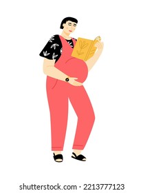 Pregnant Woman Reading Book About The Nurture Of Children. Self Education, Birth And Parenting Planning. Vector Flat Illustration